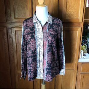 ECRU Collared Hidden Front Floral Striped Long Sleeve Blouse - XL